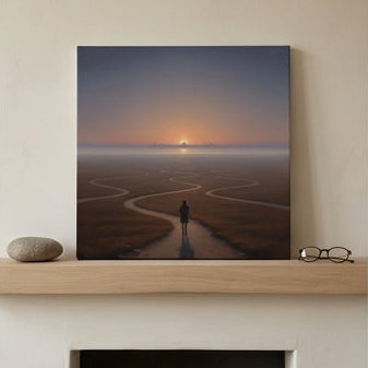 Surrealist Art Print of a sunset landscape painting resting on a mantelpiece