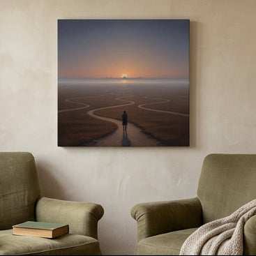 Surrealist Canvas art print of a sunset landscape set in a sitting room.