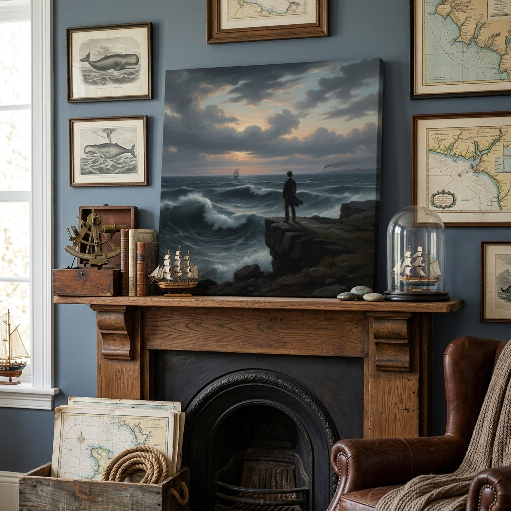 Nautical-themed room with a fireplace, Canvas artwork, and decorative items.