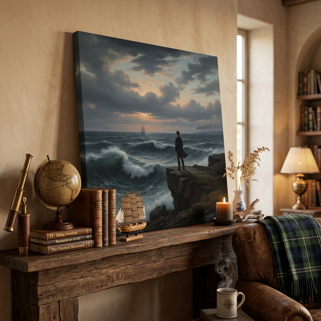 Canvas artwork of a person on a cliff overlooking the ocean, displayed on a wooden shelf with decorative items.
