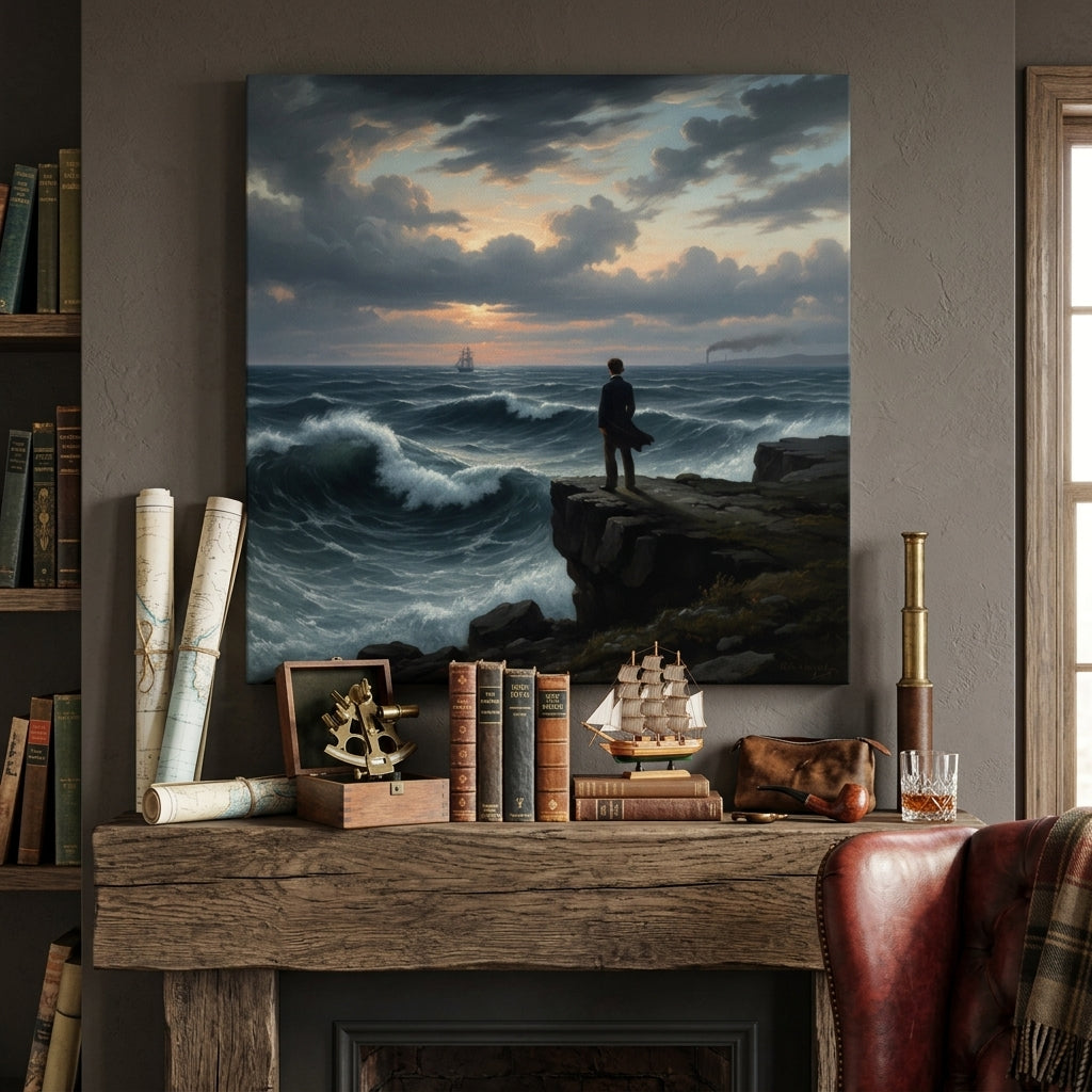 Canvas artwork of a person standing on rocks with a stormy sea and sunset, displayed above a wooden mantelpiece with decorative nautical items.