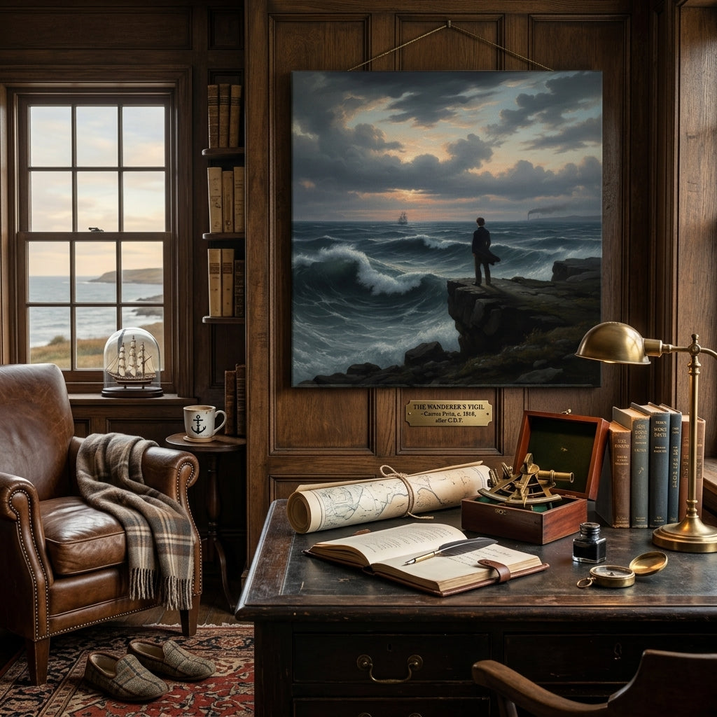 Nautical-themed room with leather armchair, desk, and ocean painting.