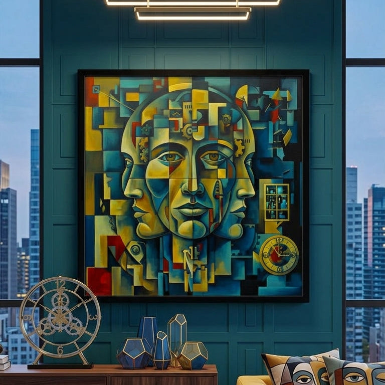 Modern living room with Time 27x27" Framed abstract art, wooden sideboard, and yellow sofa.