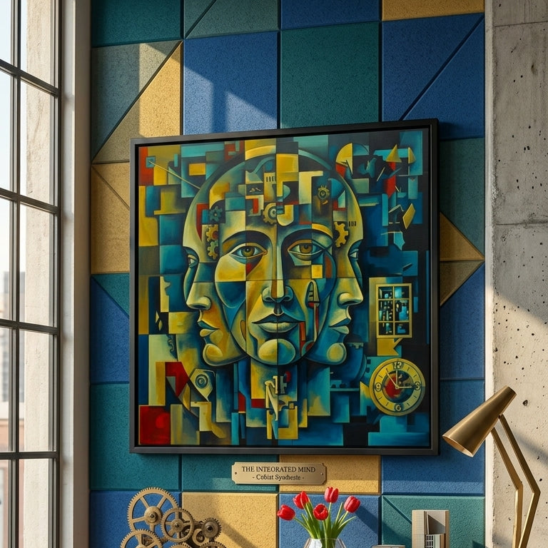 Framed Abstract art piece Time on a wall with geometric patterns in a living room setting.