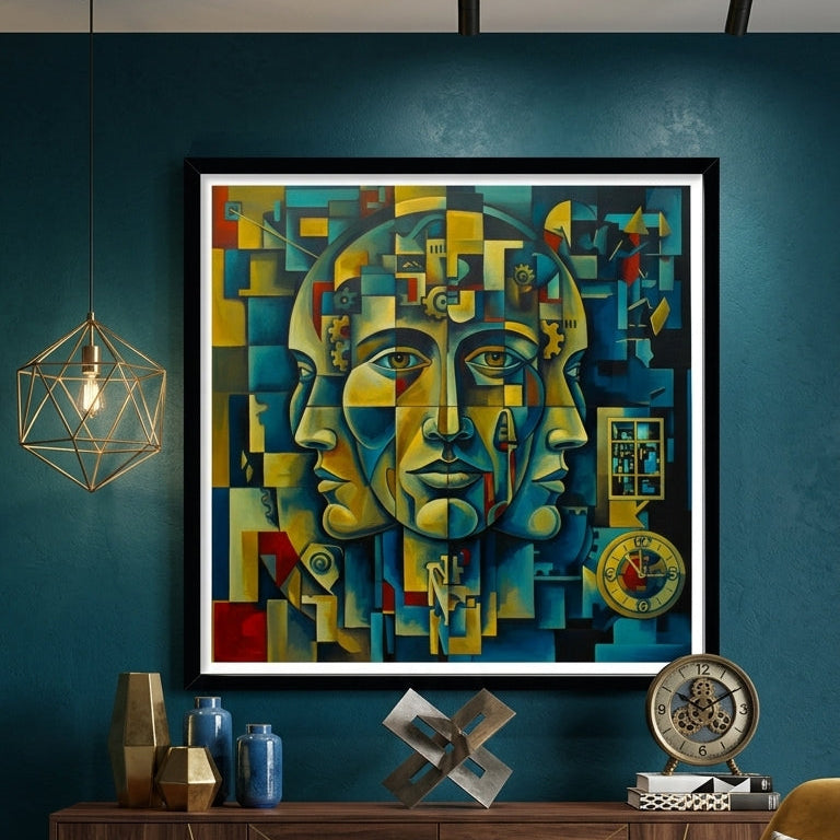Modern interior with a colorful abstract painting on a dark blue wall, wooden sideboard, and yellow armchair.