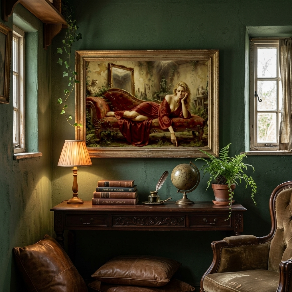 A large framed vintage painting depicting a reclining woman on a chaise lounge, hung on a dark green wall above a wooden console table in a styled room with a lamp, books, globe, and plants.
