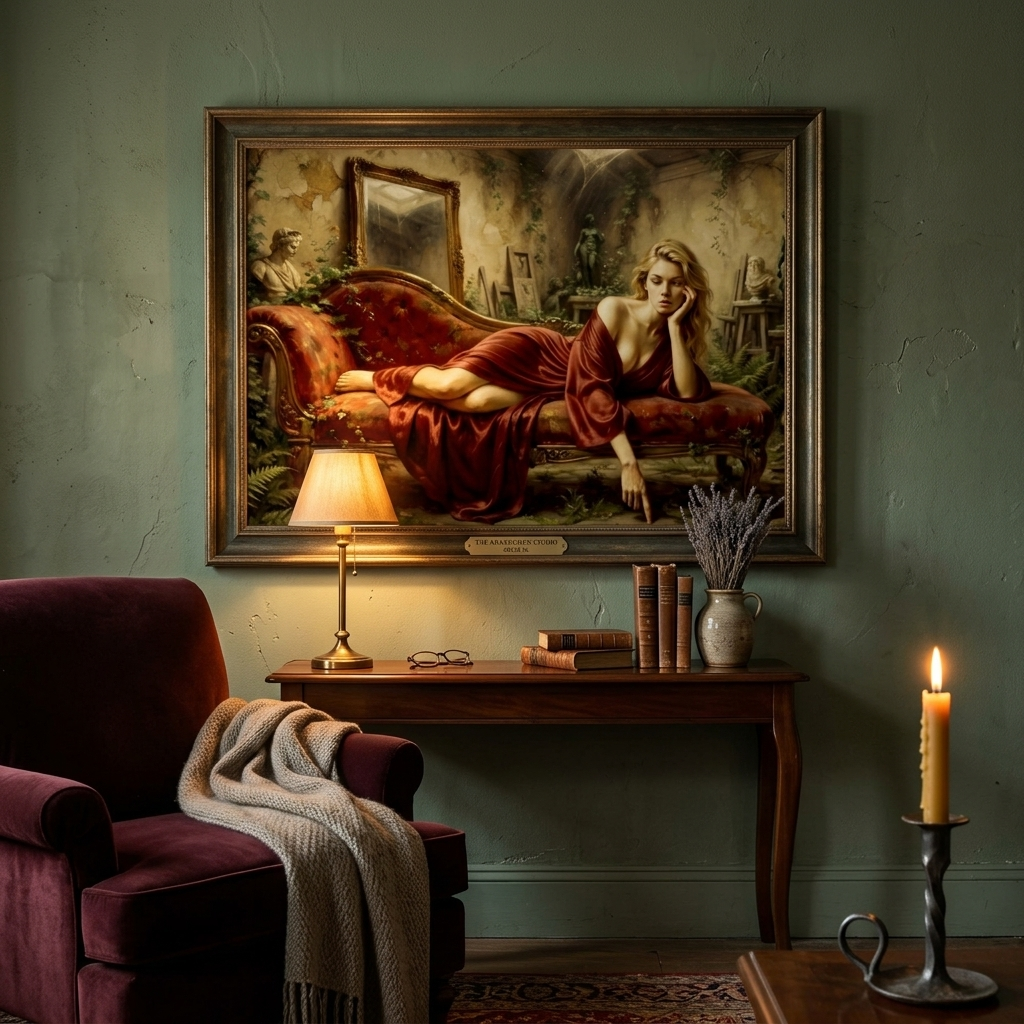 A large framed vintage-style painting hangs on a textured green wall above a dark wood console table. The painting depicts a reclining woman in a red dress in a moody interior.
