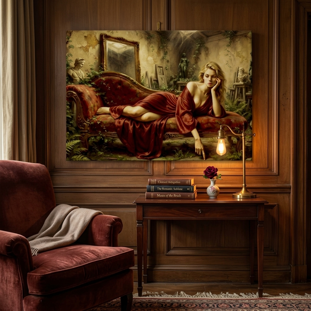 A large framed canvas print of a classical painting depicting a woman reclining on a red chaise lounge, hung on a dark wood-paneled wall above a wooden console table with a lamp and books. A matching red velvet armchair is visible in the foreground.