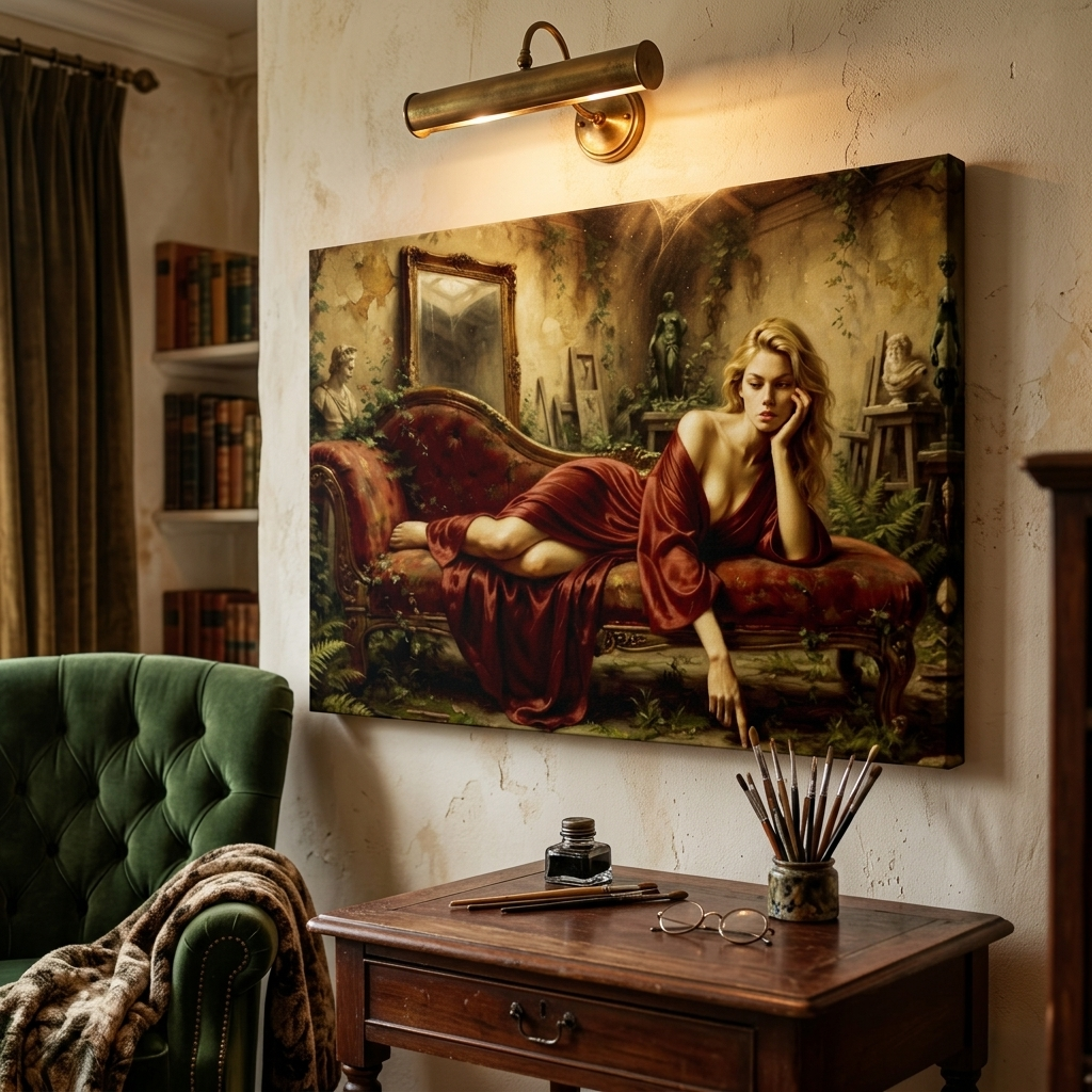 A large rectangular canvas print depicting a reclining woman in a red dress in a dimly lit classical interior, hung on a textured cream wall above a wooden desk in a styled room with a green armchair and a wall-mounted brass lamp.