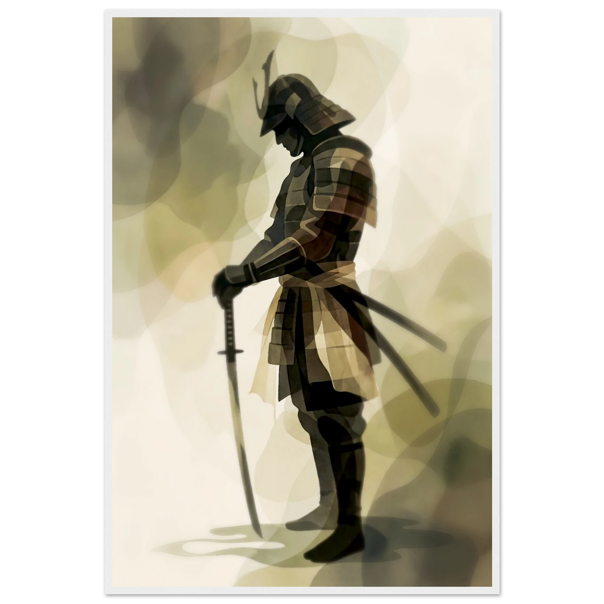 Samurai sumi-e poster in a thin white frame, armored warrior with katana on beige ink wash
