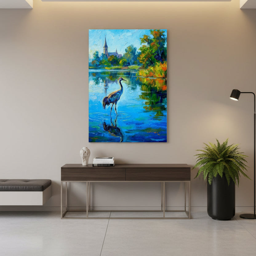 Colorful Neo-impressionist landscape painting of a crane on a lake with a church in the background Hung in an entryway over a side table.