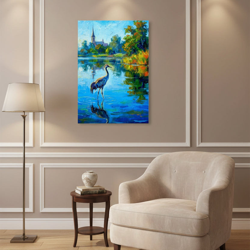 Colorful Neo-impressionist painting of a crane by a lake with a church in the background