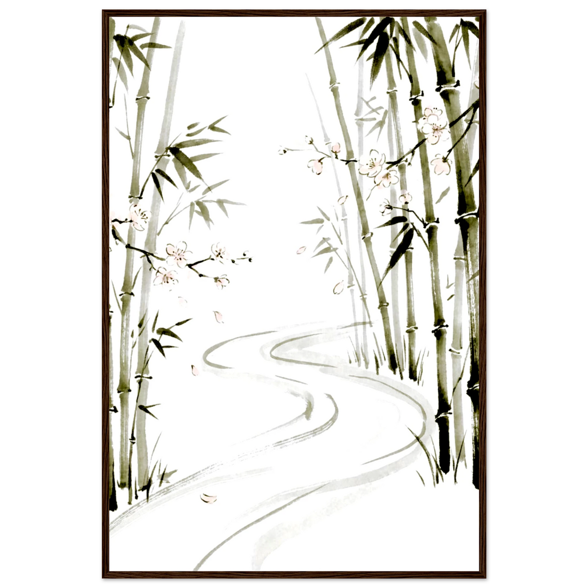 Bamboo blossom forest poster in a dark wood frame, ink wash with pink flowers