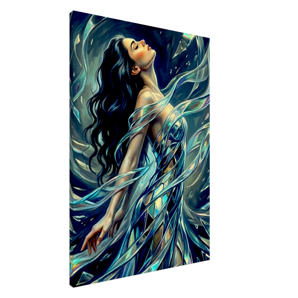 Image of a woman trapped inside a shattering mirror, shades of blue, abstract canvas.