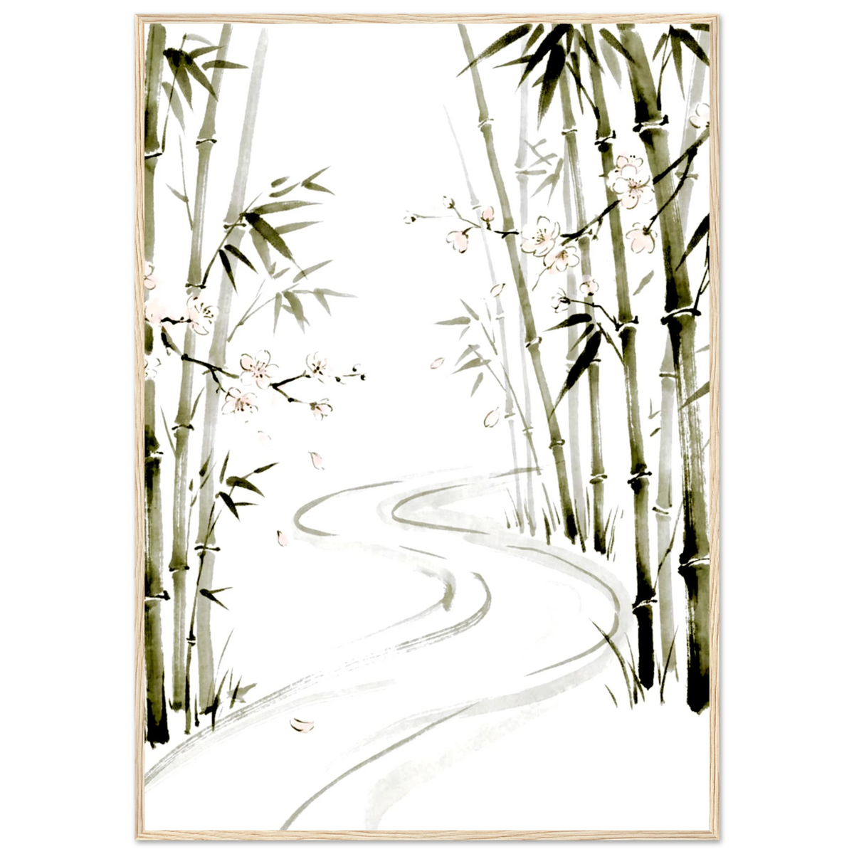 Framed bamboo blossom ink wash poster, black frame with pink flowers and winding path