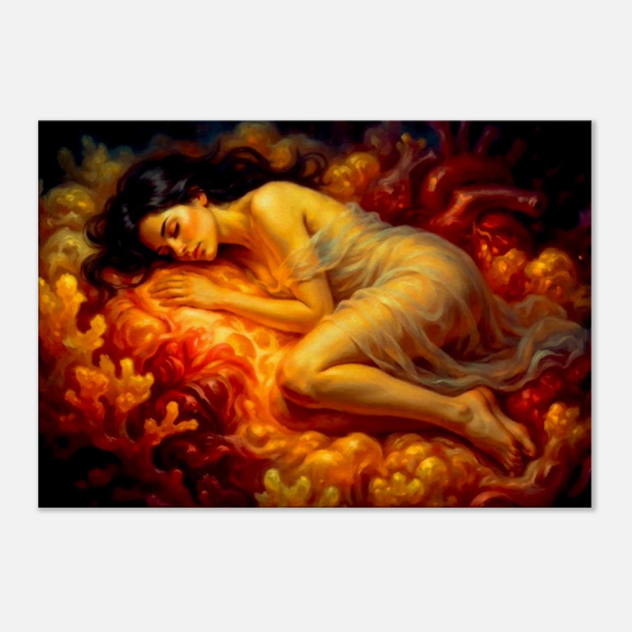 A Dark haired woman sleeps on a bed made from colorful surrealistic fiber resembling a heart or a coral reef