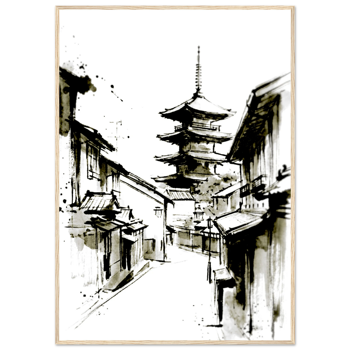Inkwash Japanese street poster with pagoda in a light wood frame, black and white