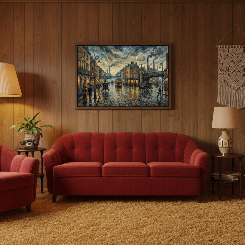 Dusk in Oldtown (Full) impressionist urban wall art, Victorian street scene at twilight, 350 gsm matte canvas print hung against a panel wall over a red sofa.