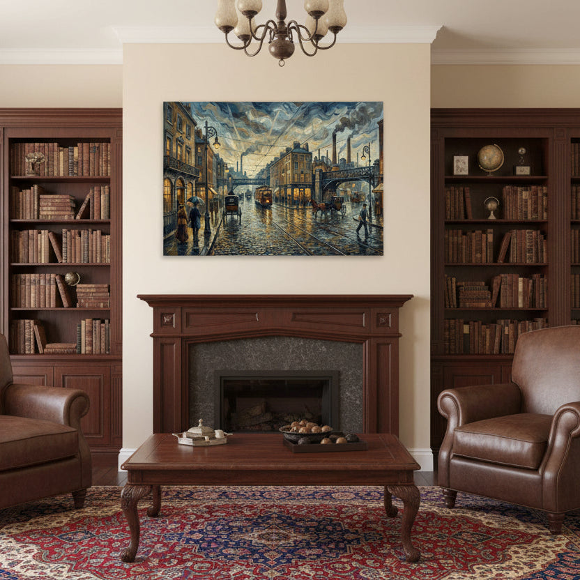 "Dusk in Oldtown (Full) impressionist urban wall art, Victorian street scene at twilight, 350 gsm matte canvas print hung in traditional study environment.