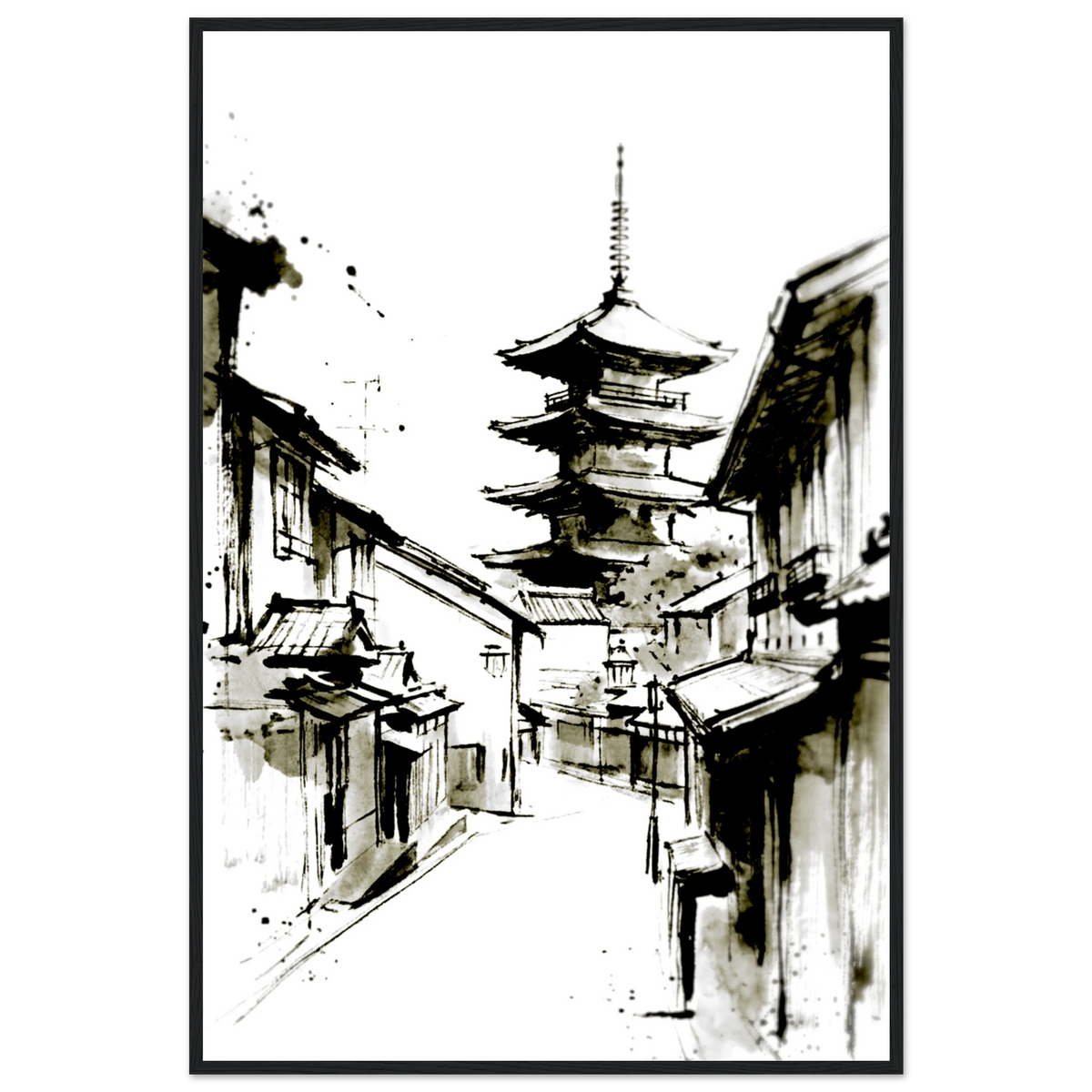 Unframed inkwash poster of a Japanese pagoda town street, black ink wash