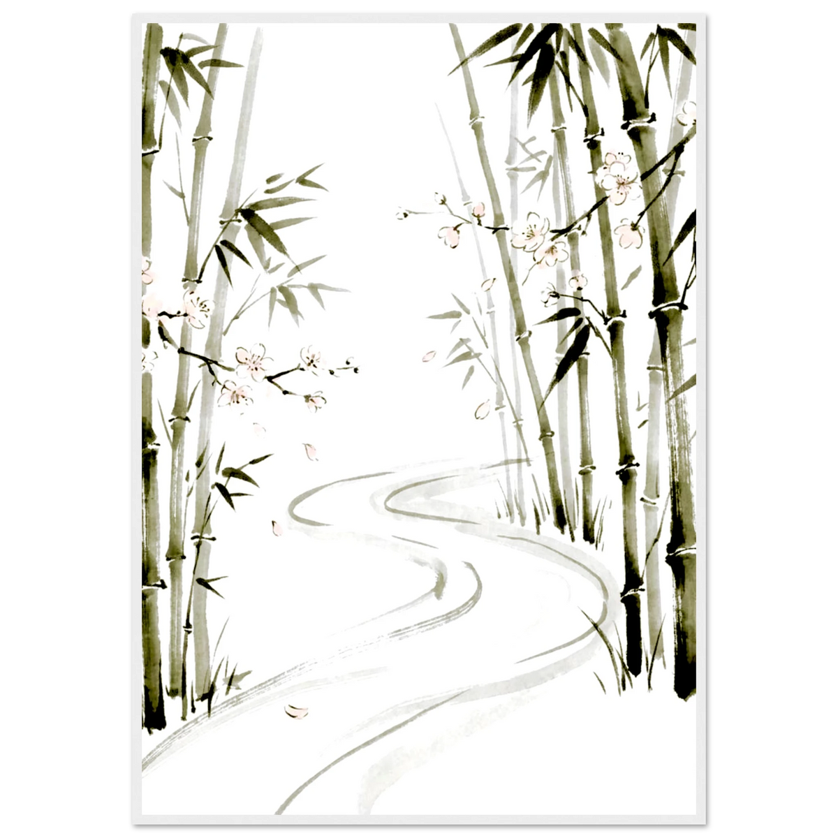 Bamboo blossom ink wash poster in a white frame, pink flowers and winding misty path