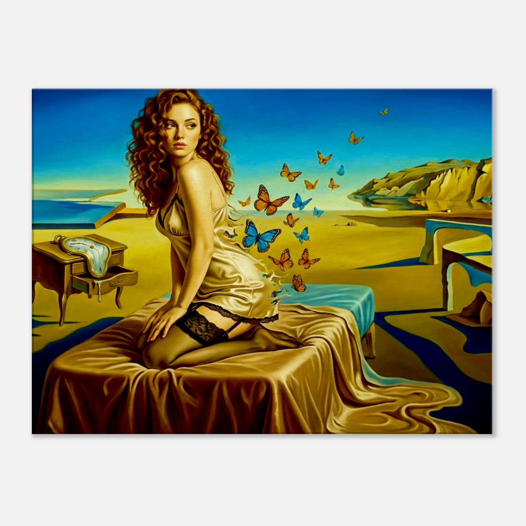 Salvador Dali style Boudoir painting of a woman waiting on a bed in surrealistic landscape surroundings.