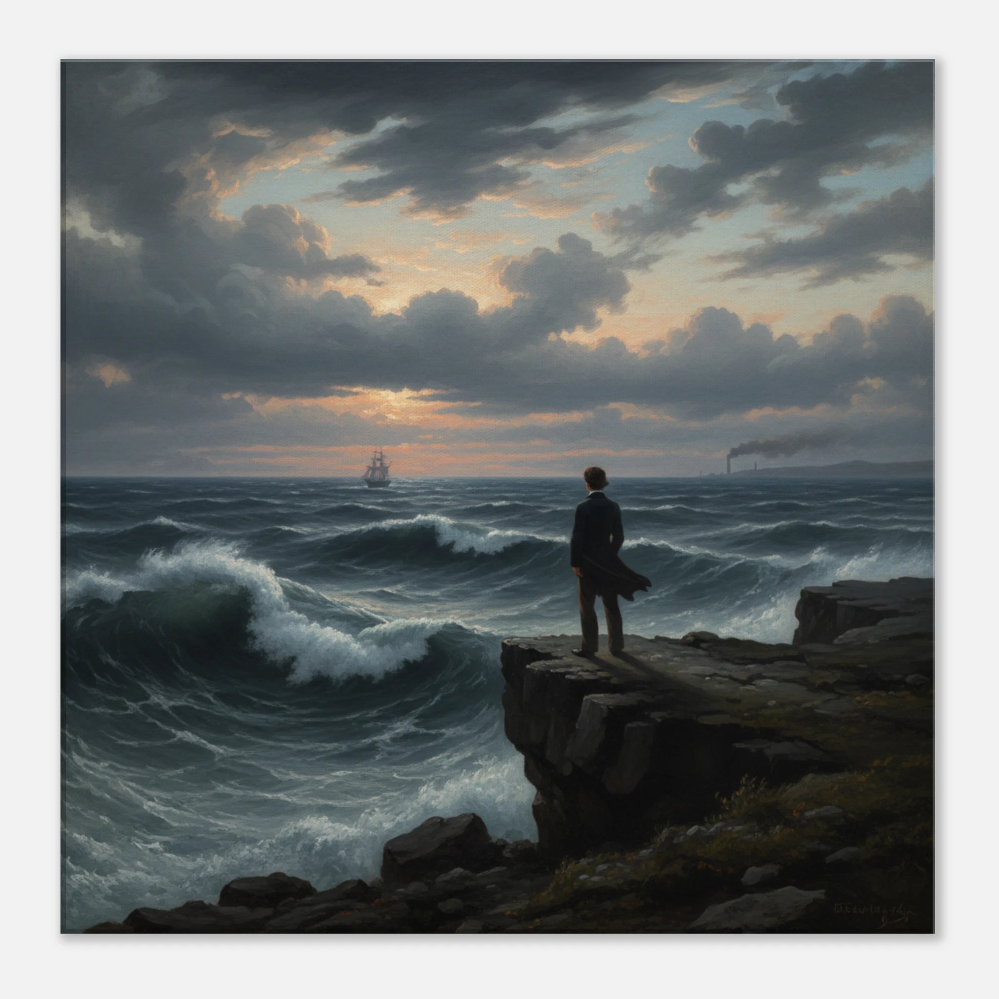 A Man stands looking out from a rocky outcrop at the violence of the seas in this neo classical portrait.