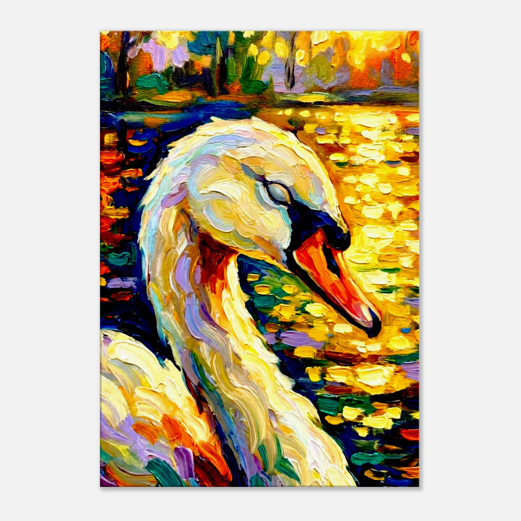 A swan sleeps as the sun rises on the lake, impasto and impressionist effects.