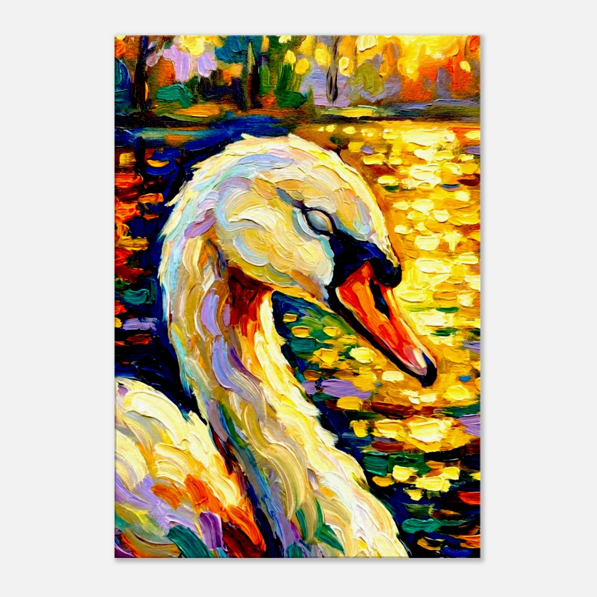 A swan sleeps as the sun rises on the lake, impasto and impressionist effects.