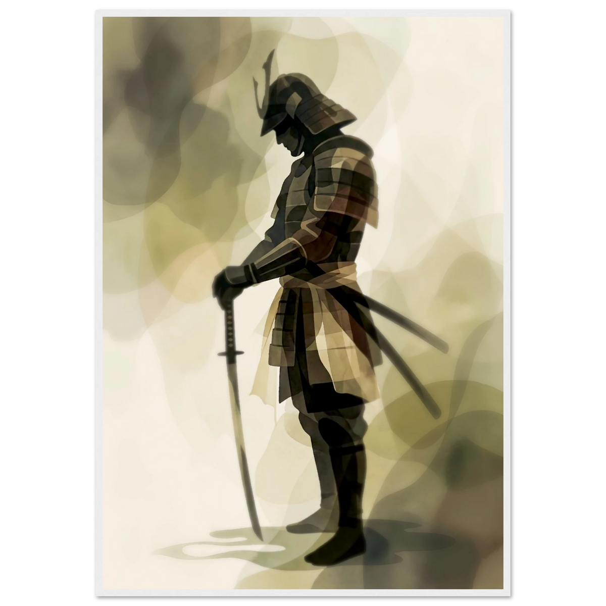 Samurai sumi-e poster in a white frame, ink wash warrior with katana in profile