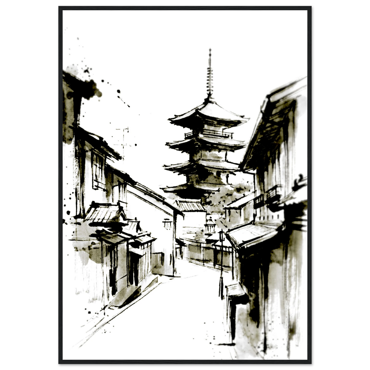 Japanese town pagoda ink wash poster in a black frame, minimalist street artwork