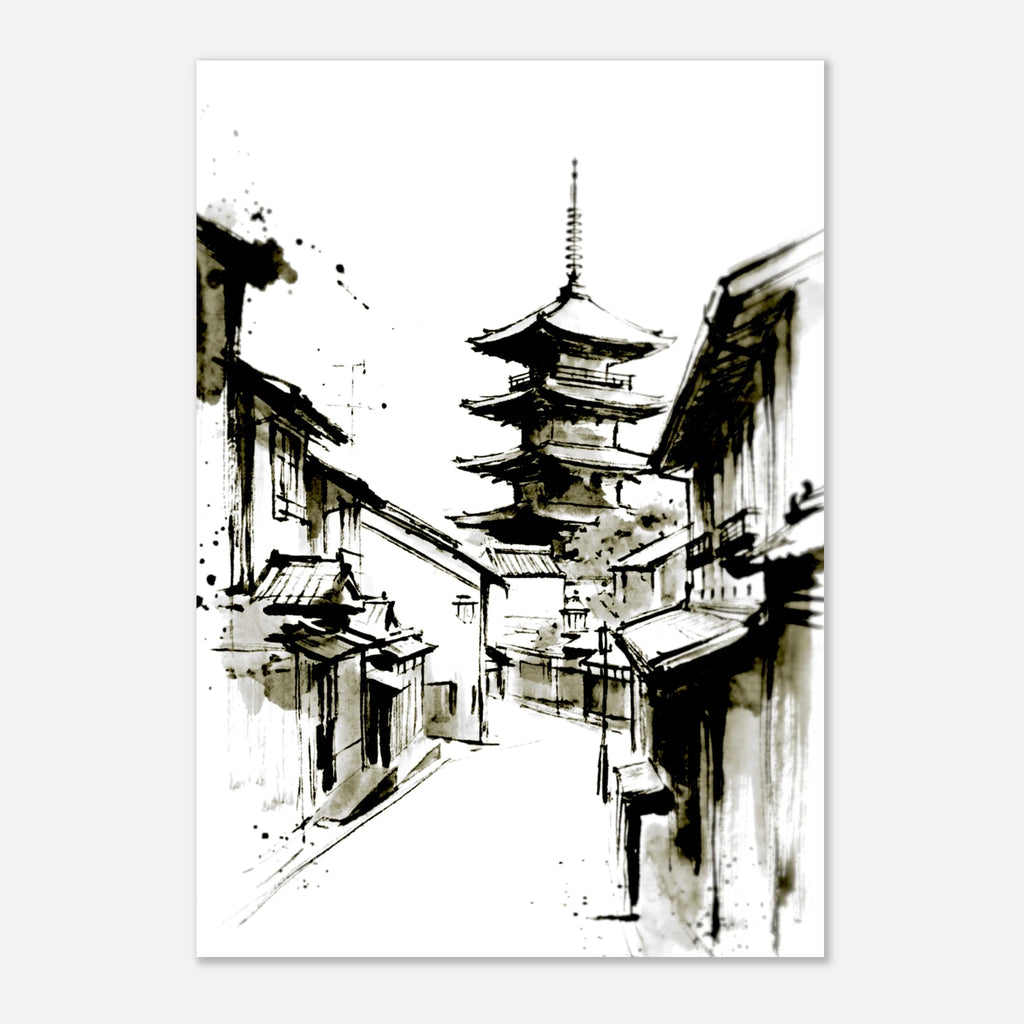Japanese pagoda town ink wash poster with dark wood frame, minimalist street scene