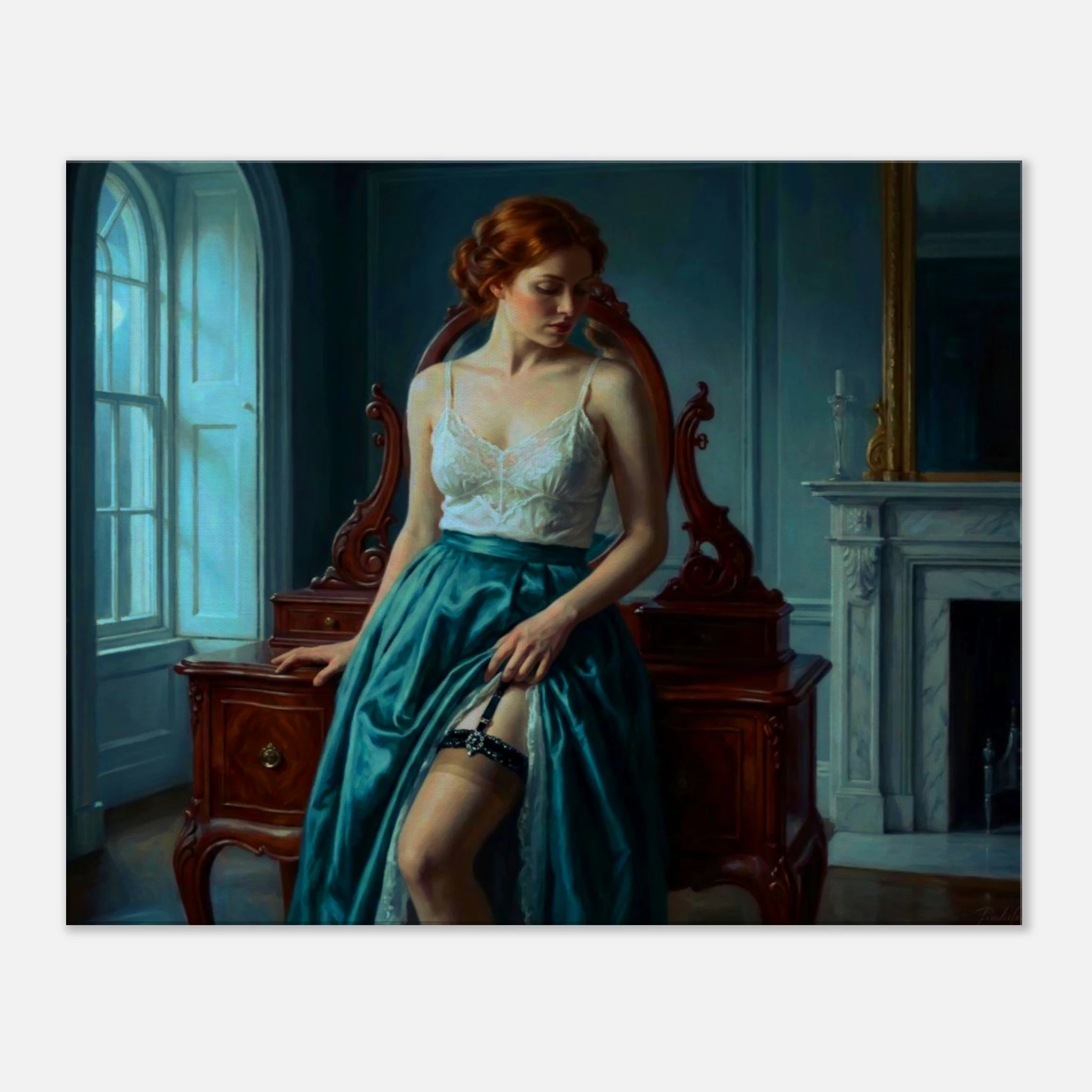 A Neo-Classical themed Boudoir painting with high detail where a woman with red hair reclines against a boudoir.