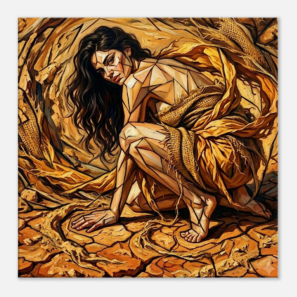 A woman clad only in burlap and rags crouches on the parched desert floor while a storm brews in the background.