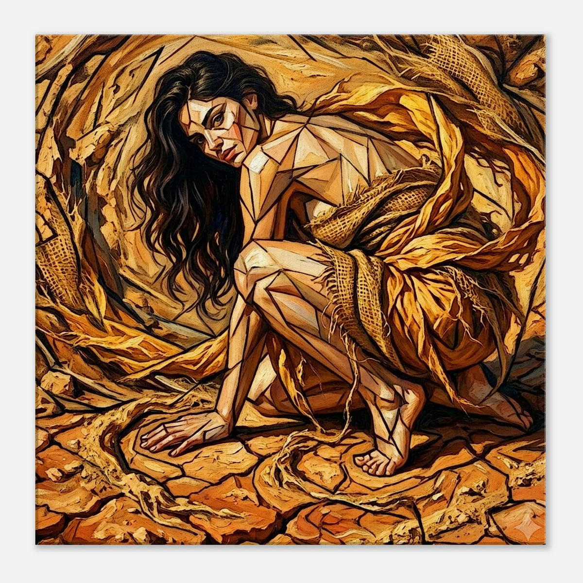 A woman clad only in burlap and rags crouches on the parched desert floor while a storm brews in the background.