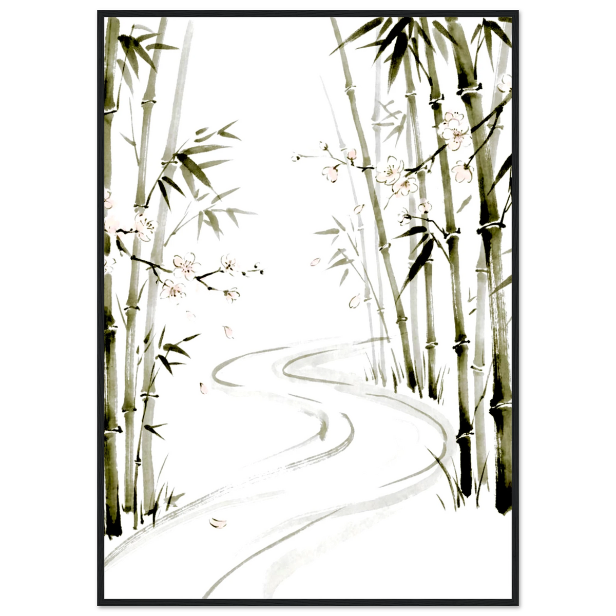 Bamboo blossom ink wash poster in a black frame, pink flowers along a winding path