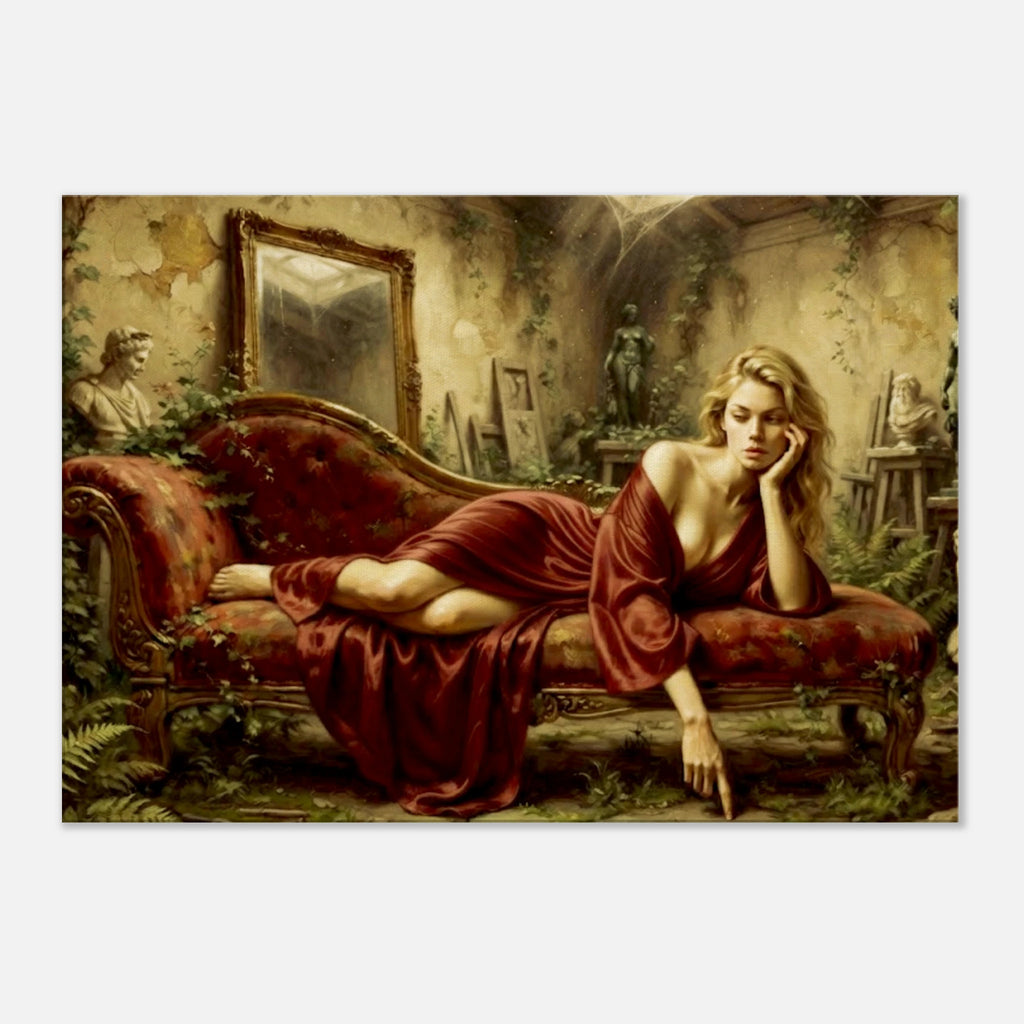 A woman draped in a red velvet robe reposes in a room full of sculptures on a vintage red setae.