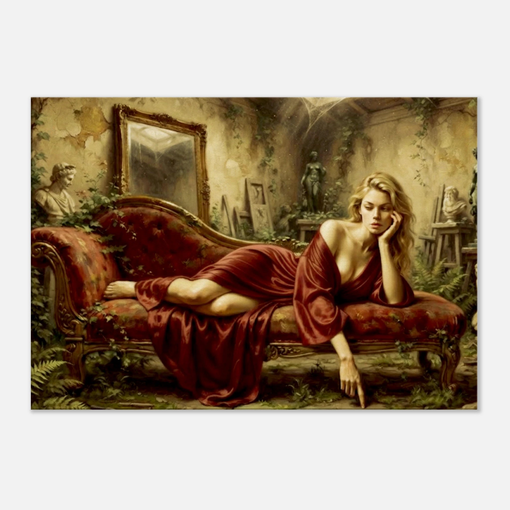 A woman draped in a red velvet robe reposes in a room full of sculptures on a vintage red setae.
