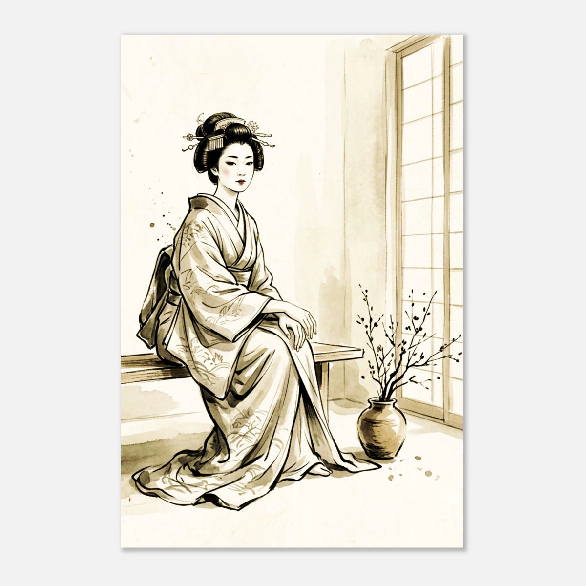 A Japanese Ink Wash style depiction of A Geisha Waiting on a bench beside a door and a wilted blossom.