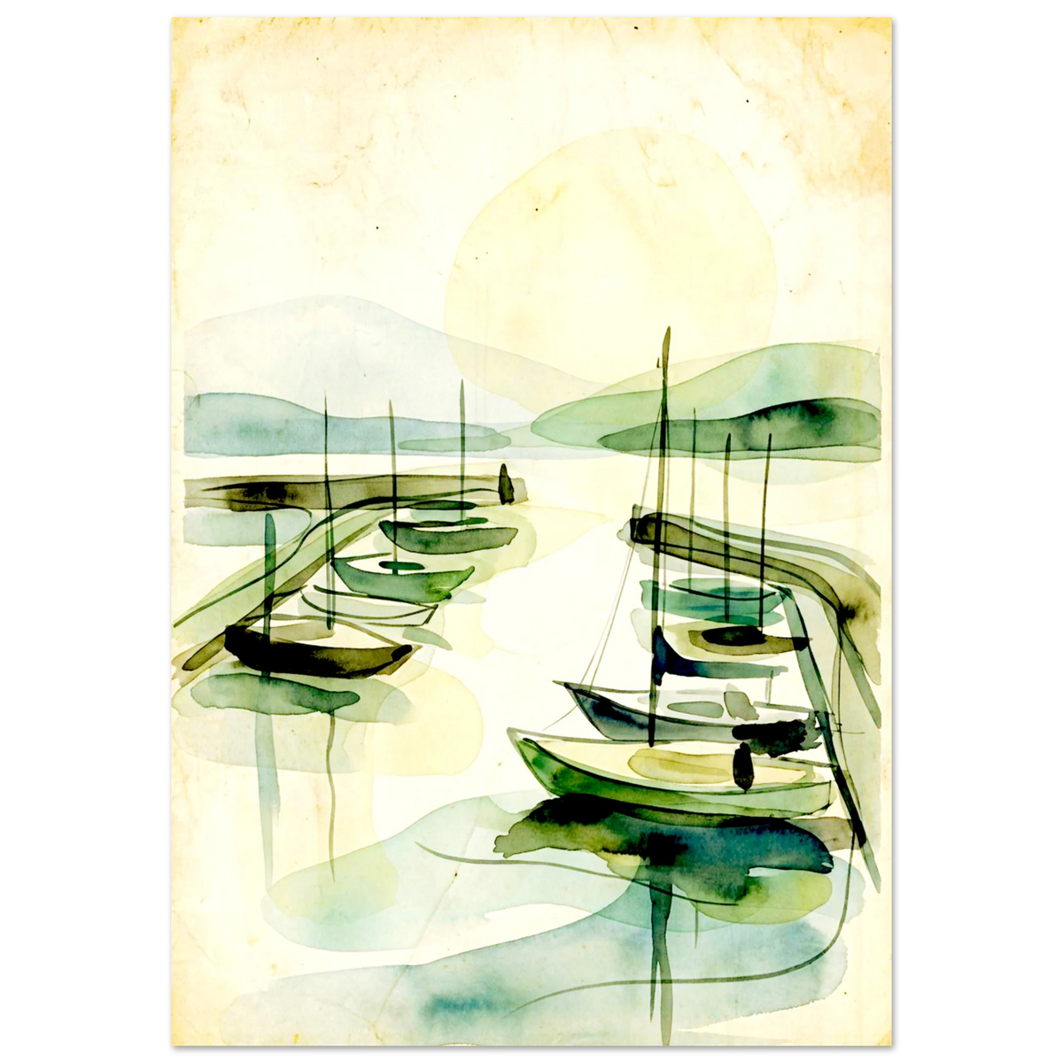 Safe Harbor minimalist watercolor poster, sailboats at anchor under a pale sun in green washes