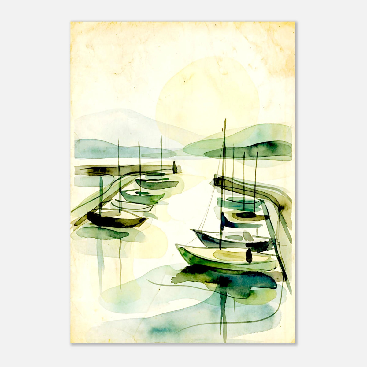 Unframed Safe Harbor watercolor poster, minimalist sailboats under a pale sun