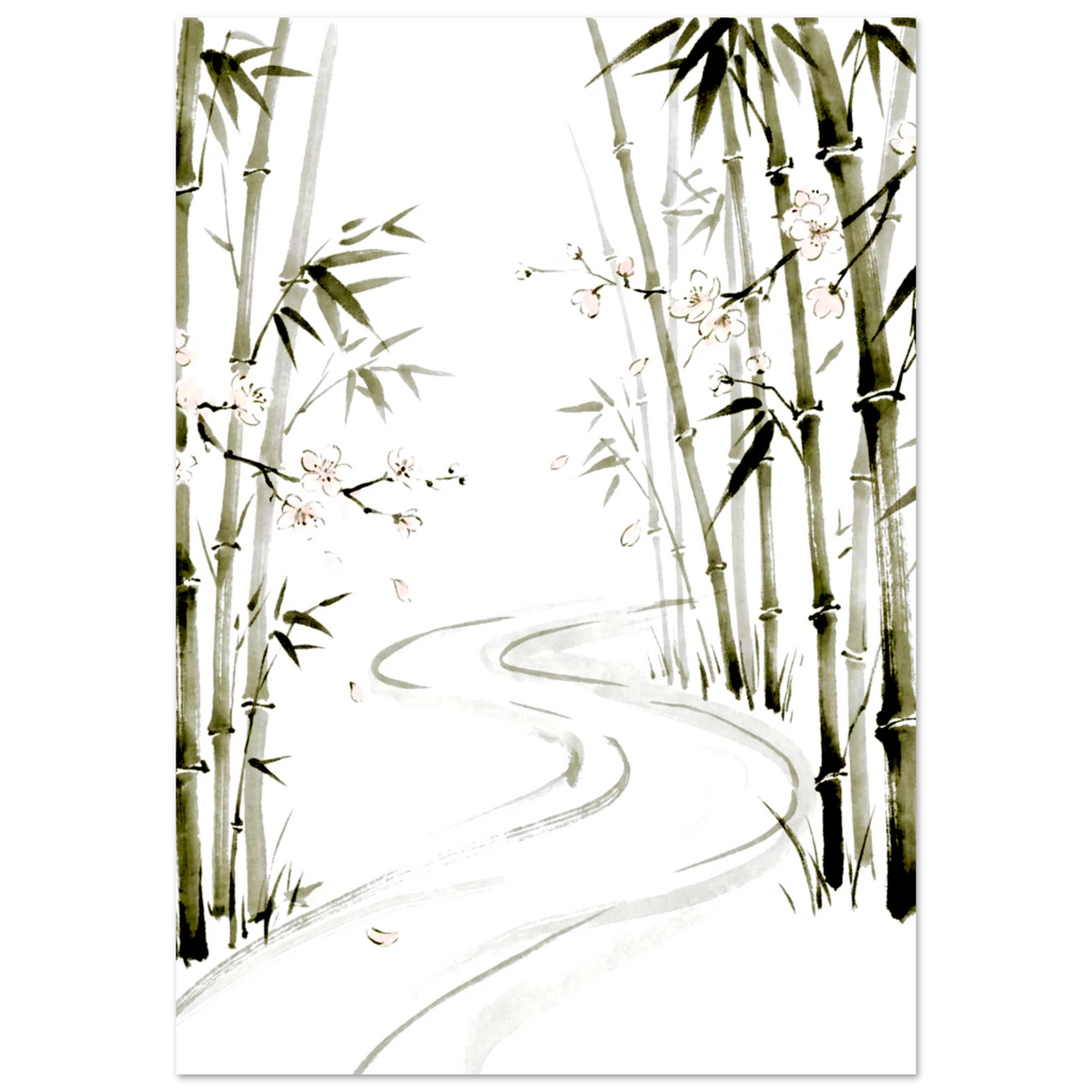 Bamboo blossom forest ink wash poster, pink flowers and winding path in black and white
