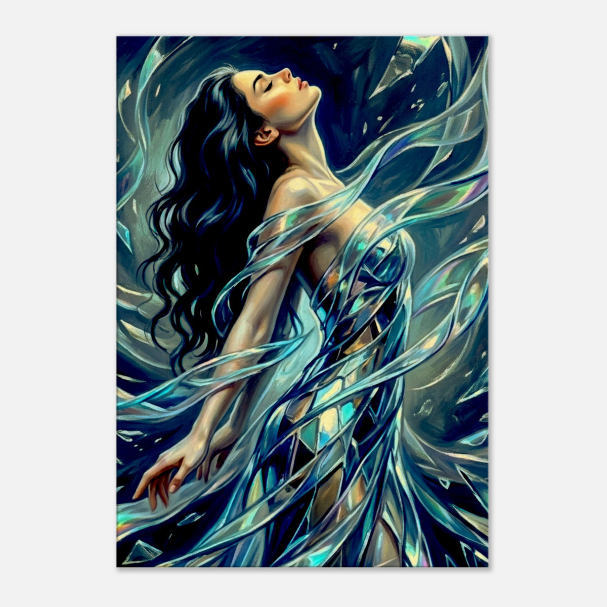 Image of a woman trapped inside a shattering mirror, shades of blue, abstract canvas.