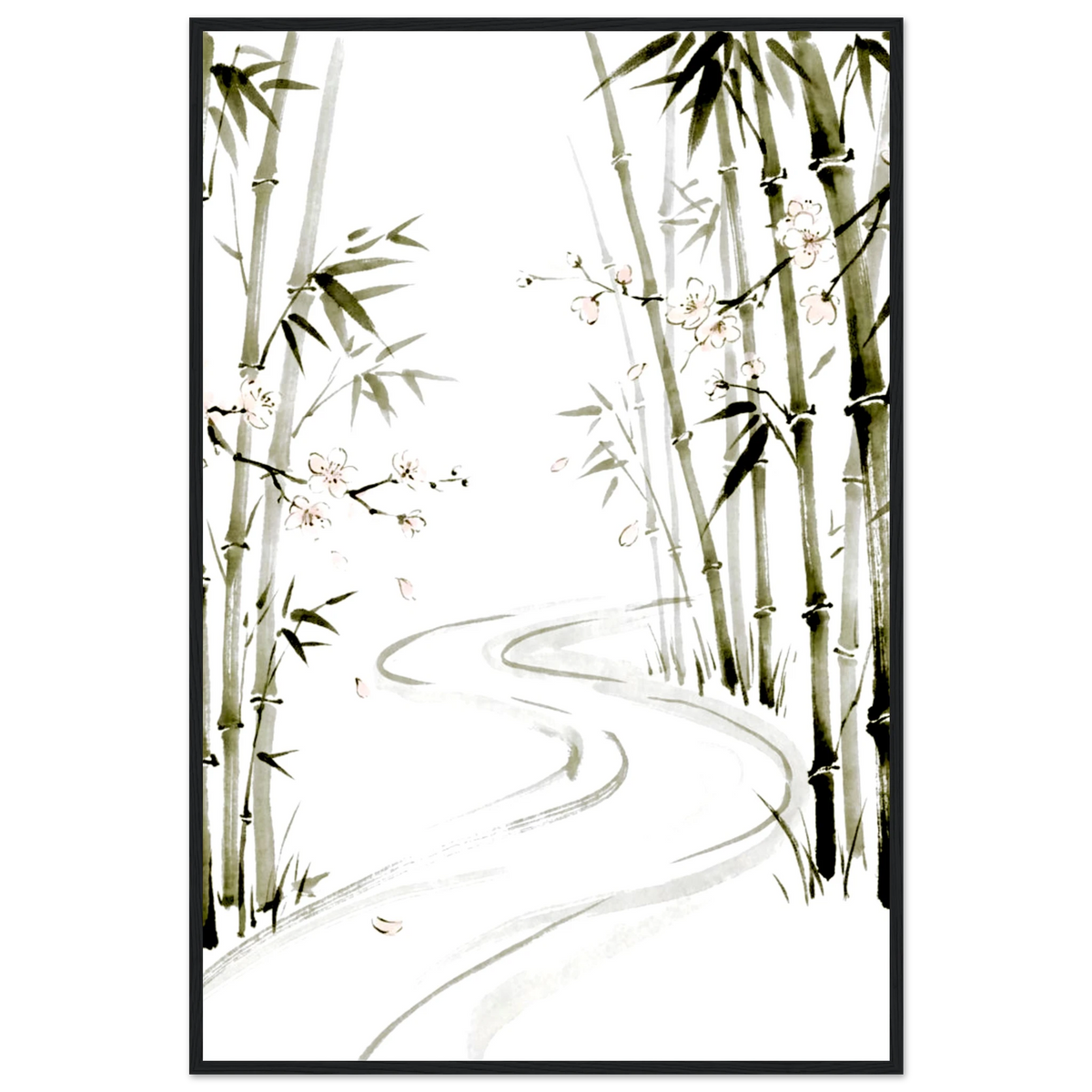 Bamboo blossom forest poster in a slim gray frame, ink wash with pink flowers