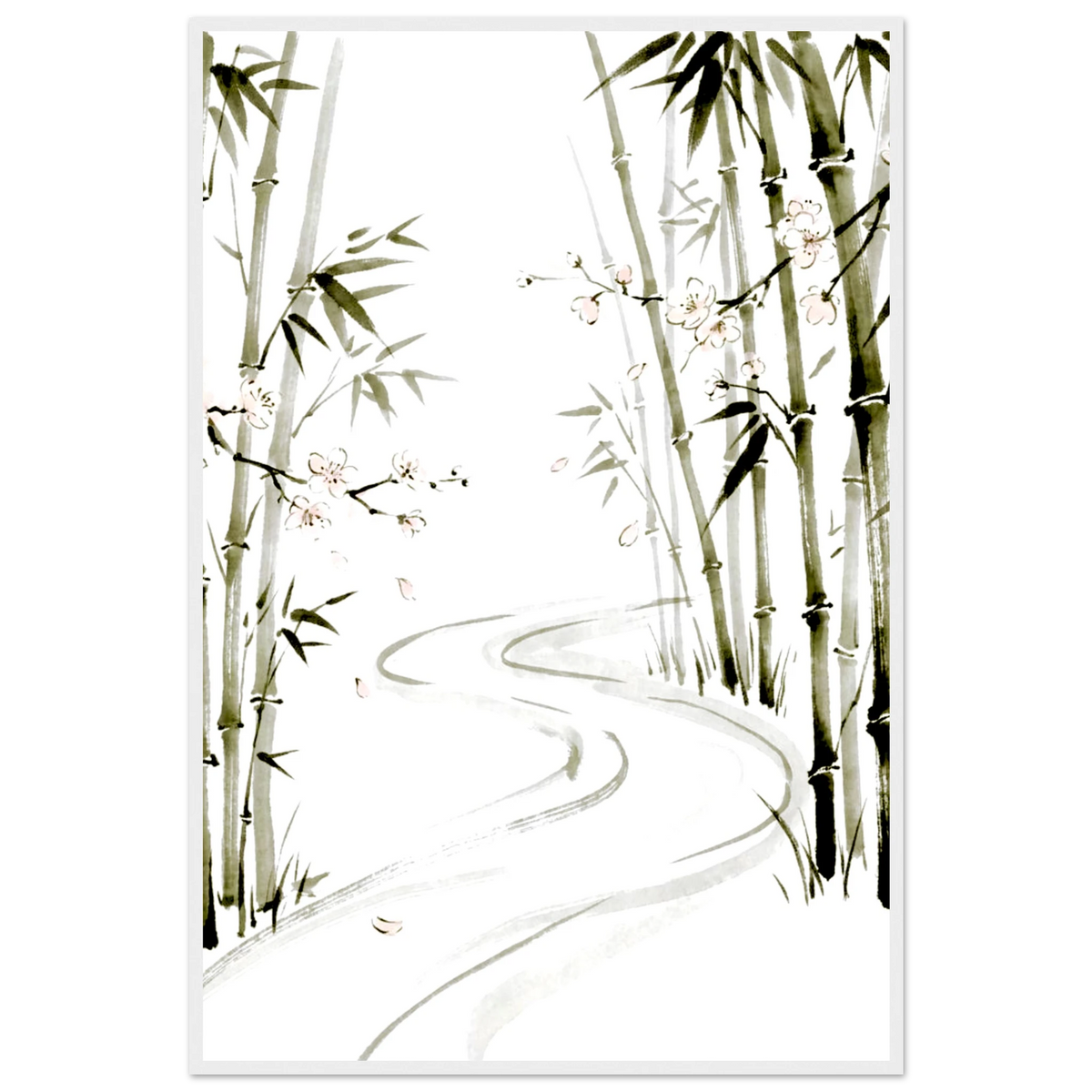 Bamboo blossom ink wash poster in a slim gray frame with pink flowers and path