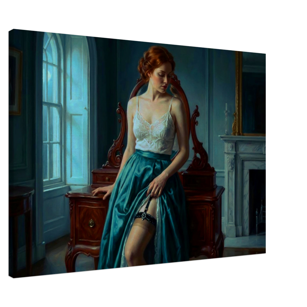 A Neo-Classical themed Boudoir painting with high detail where a woman with red hair reclines against a boudoir.