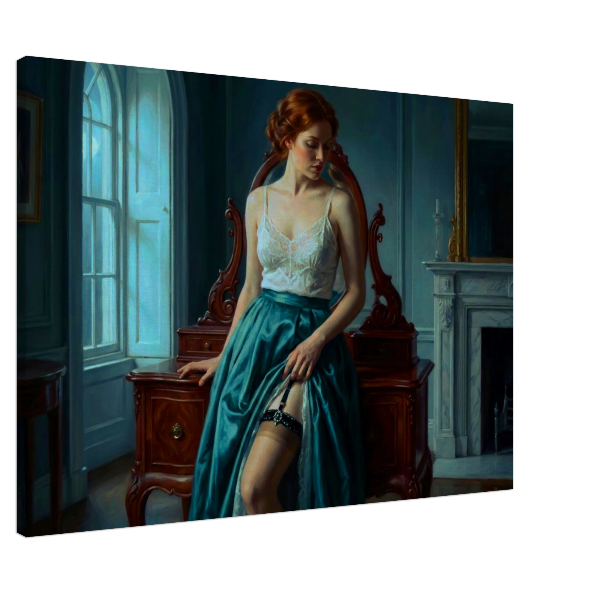 A Neo-Classical themed Boudoir painting with high detail where a woman with red hair reclines against a boudoir.