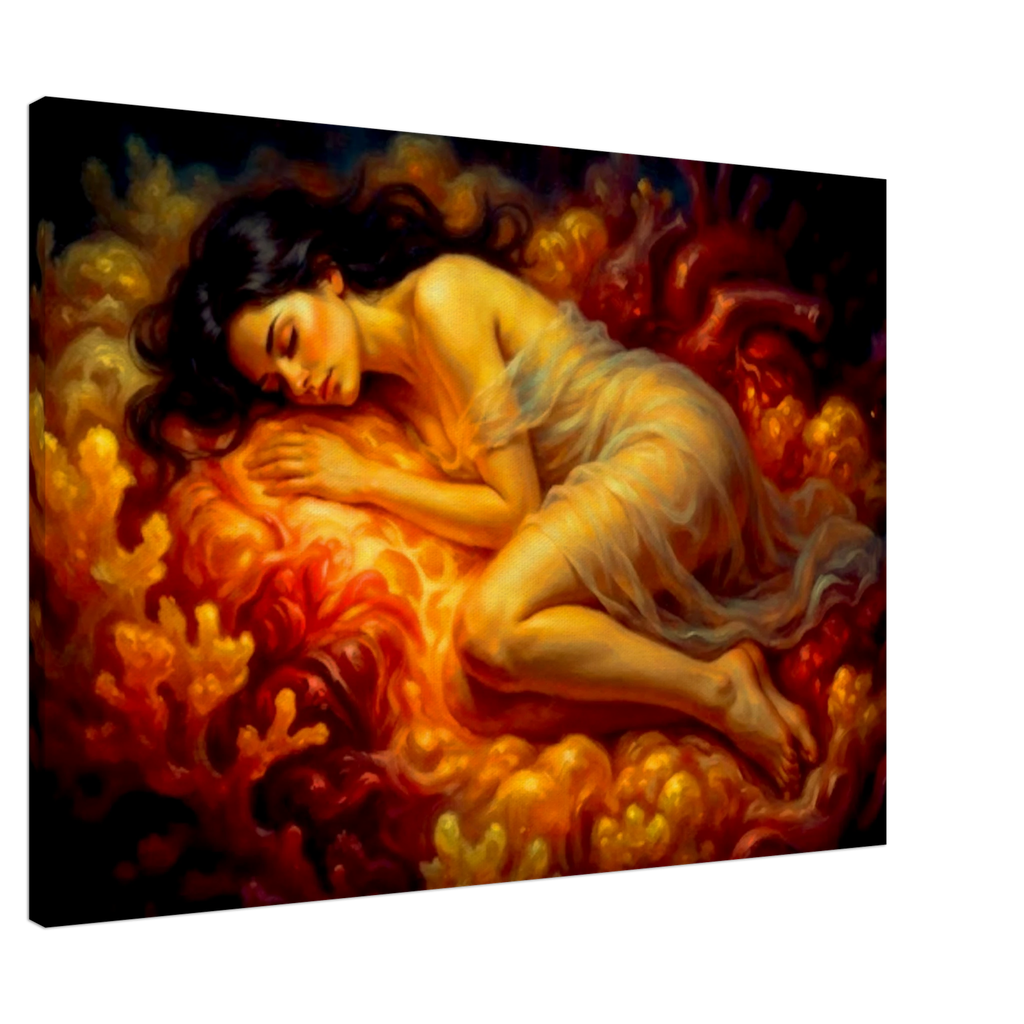 A Dark haired woman sleeps on a bed made from colorful surrealistic fiber resembling a heart or a coral reef