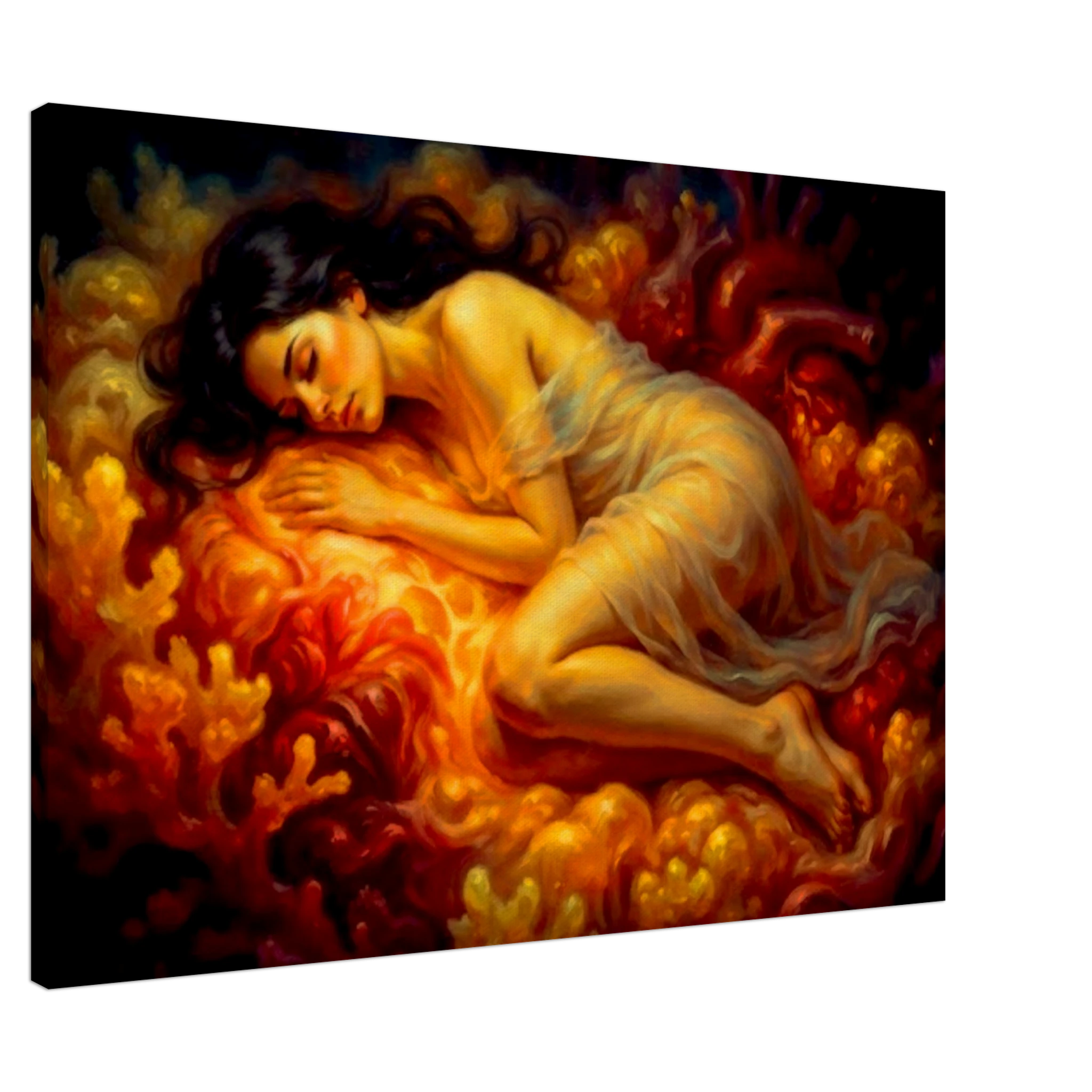 A Dark haired woman sleeps on a bed made from colorful surrealistic fiber resembling a heart or a coral reef