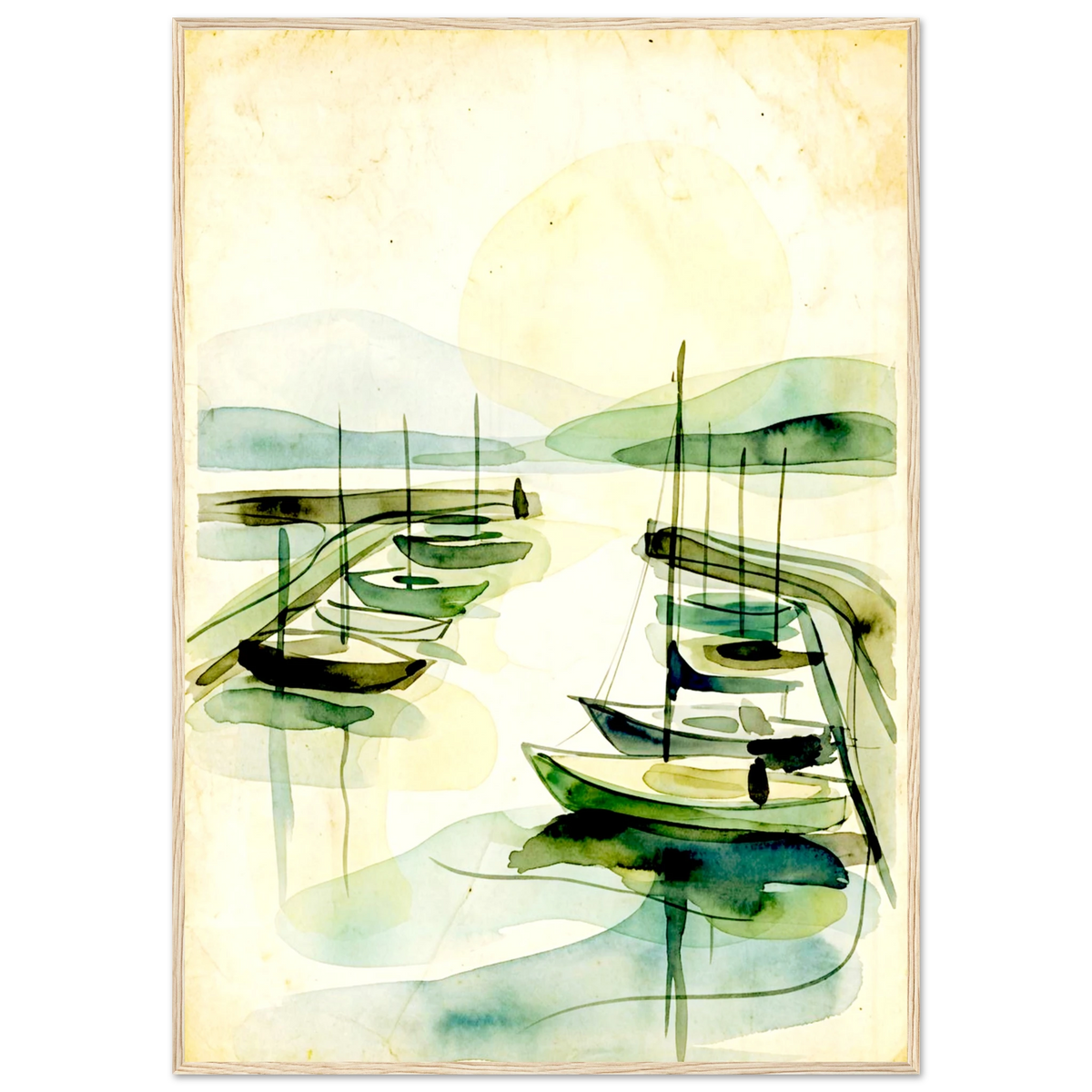Safe Harbor sailboat watercolor poster in a light wood frame, minimalist green washes